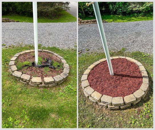 Lamp pole bed mulched and cleaned